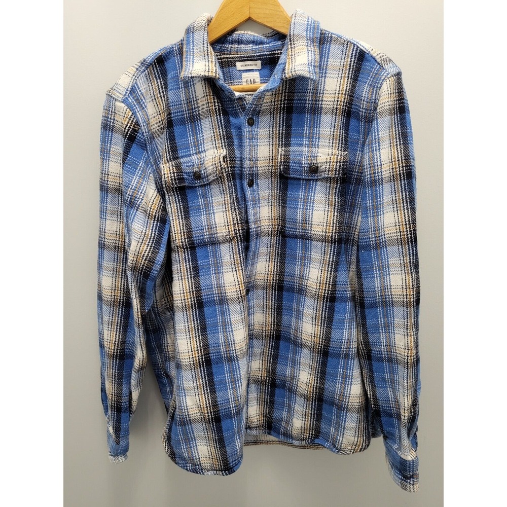 Gap Slub Twill Shirt Mens L Blue‎ Plaid Thick 100% Cotton Standard Fit Overshirt